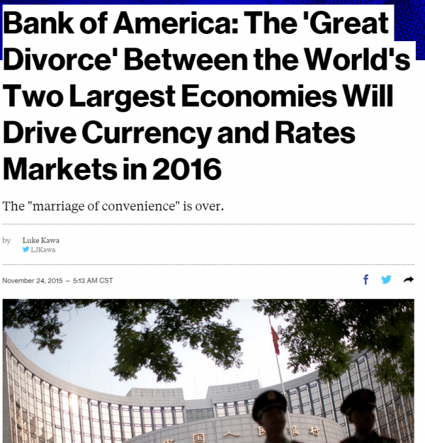  彭博社：主导2016货币与汇率市场的 将是中美之间的“大离婚”