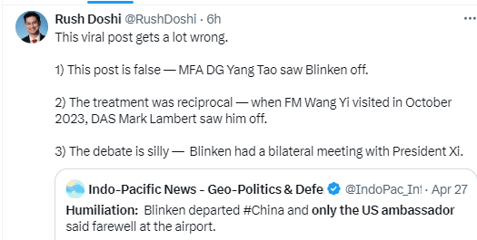  美国前官员驳斥布林肯在华被羞辱的假新闻